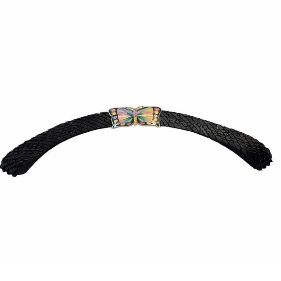 Vintage Butterfly Stretch Belt Black Metal Scale Elastic Waist Belt Size S/M
